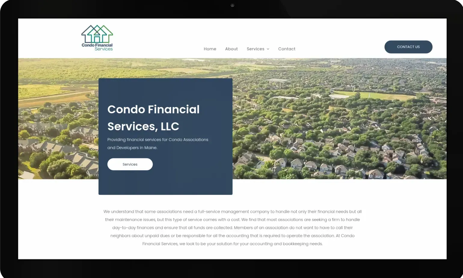 Website for Condo Financial Services, LLC with a logo, navigation menu, and header image of a residential area.