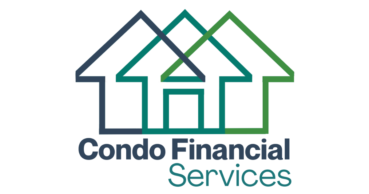 A logo for condo financial services with a house and arrow.