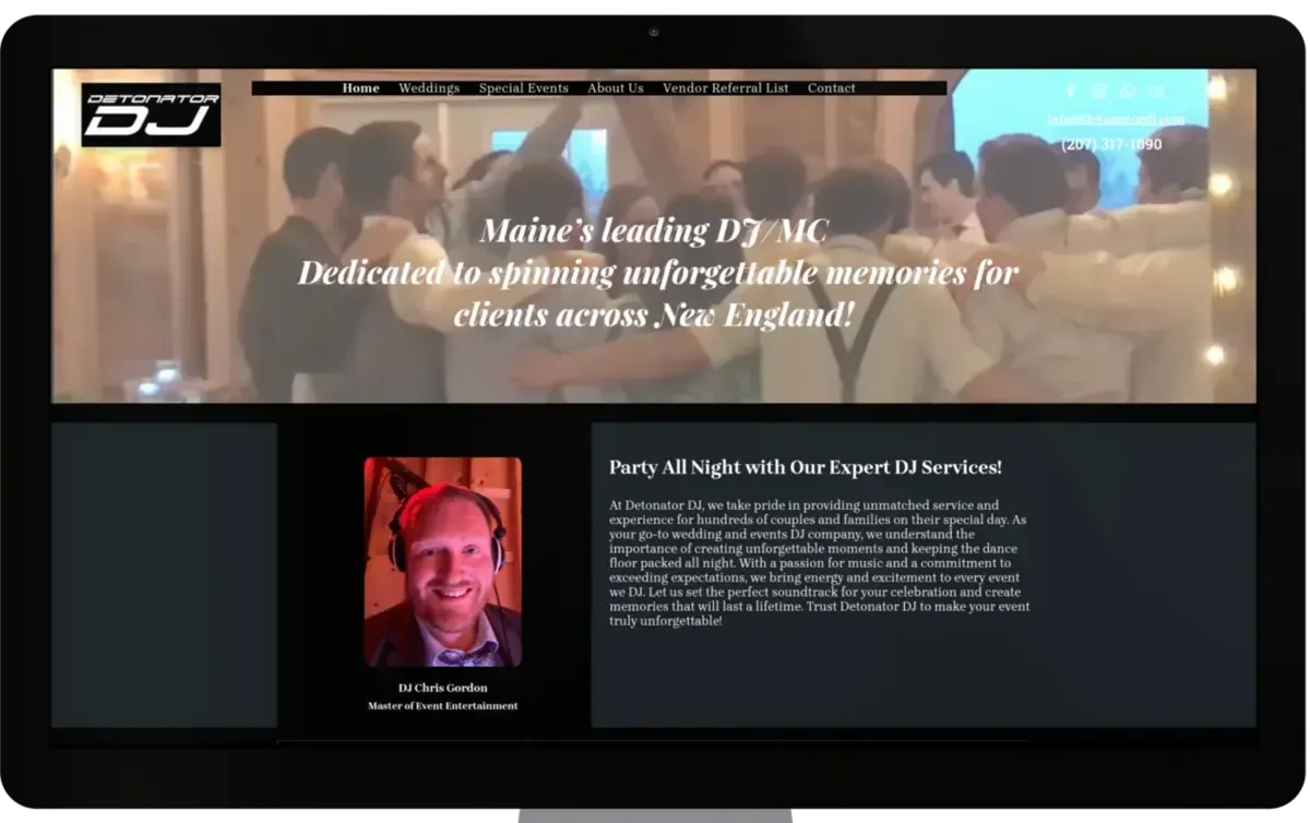 A computer screen displays a website for a dj in new england