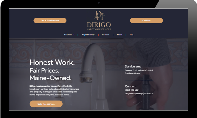 DIRIGO website homepage with dark header, orange buttons, hero text “Honest Work. Fair Prices. Maine-Owned.”