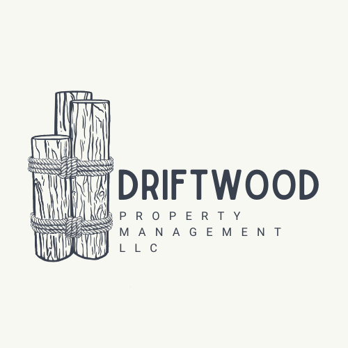 The logo for driftwood property management llc shows a stack of logs tied together with rope.