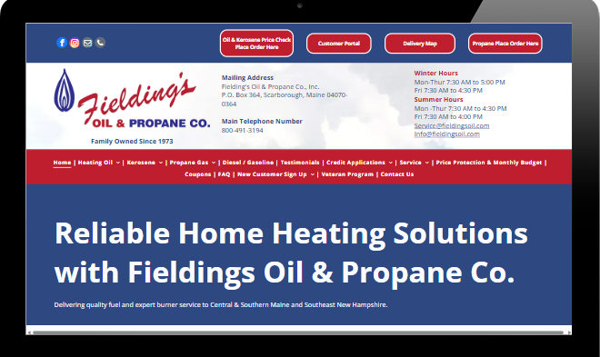 Fieldings Oil & Propane Co. website homepage with blue header and “Reliable Home Heating Solutions” banner