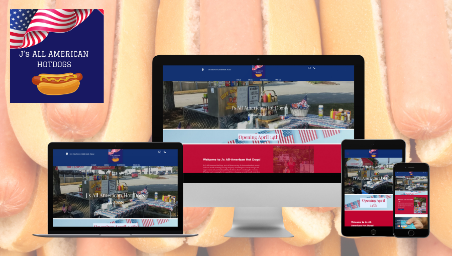 A computer , laptop , tablet , and phone are displaying a website for jana american hot dogs.