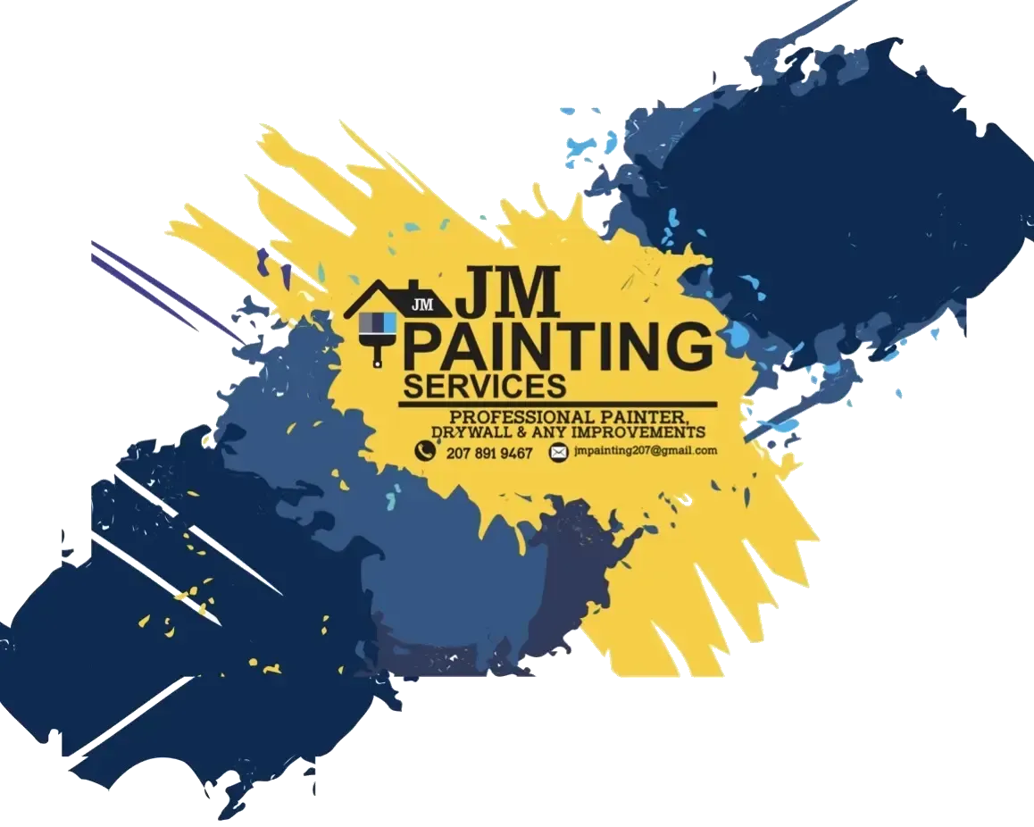 A logo for jm painting services with a blue and yellow splash