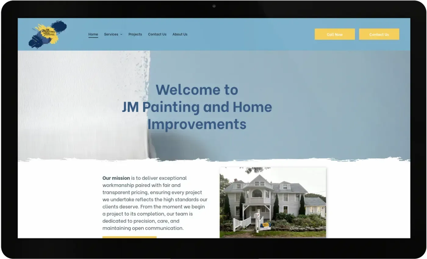 A tablet screen shows a website for jm painting and home improvements