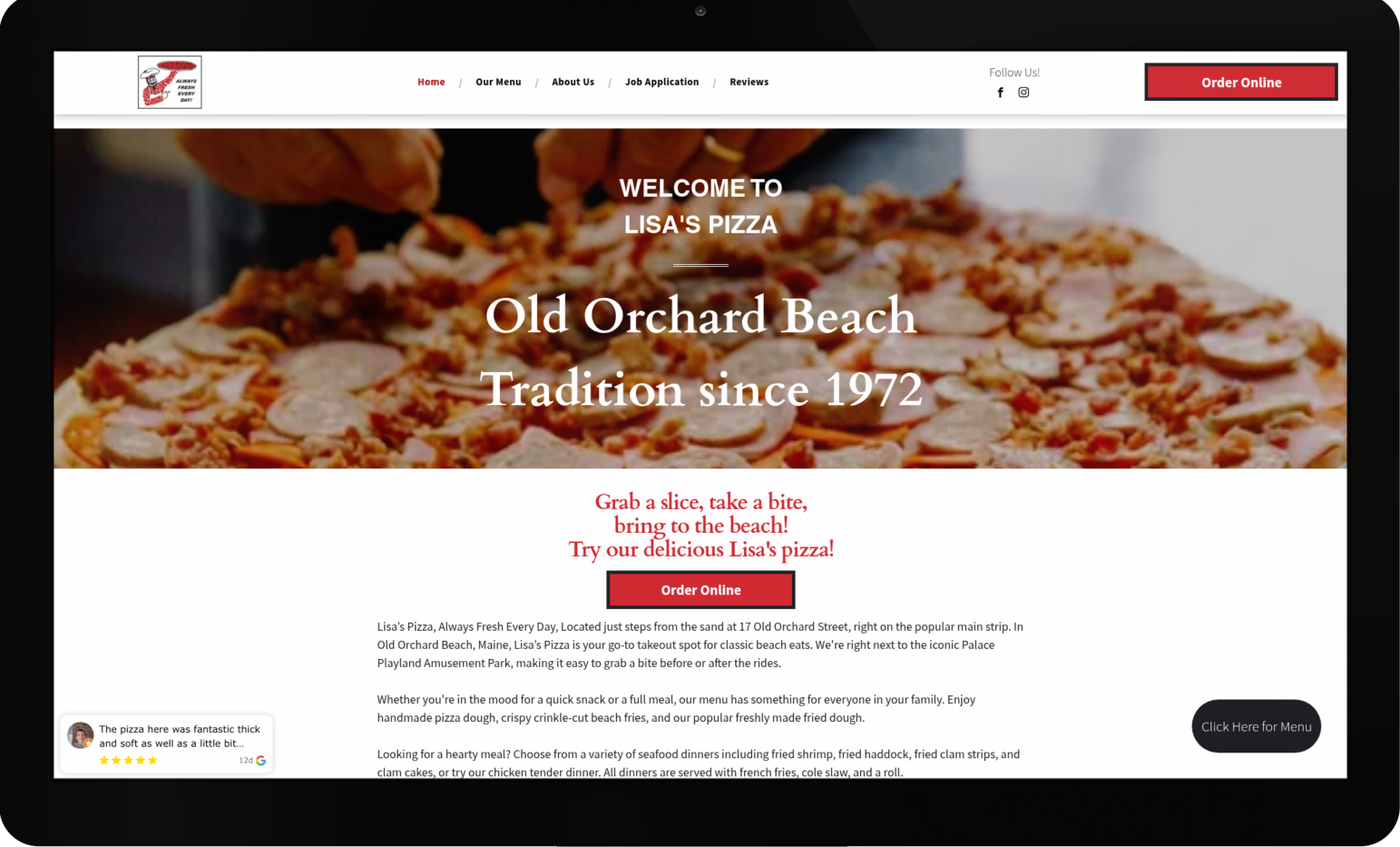 The website for old orchard beach tradition since 1972 is displayed on a tablet.
