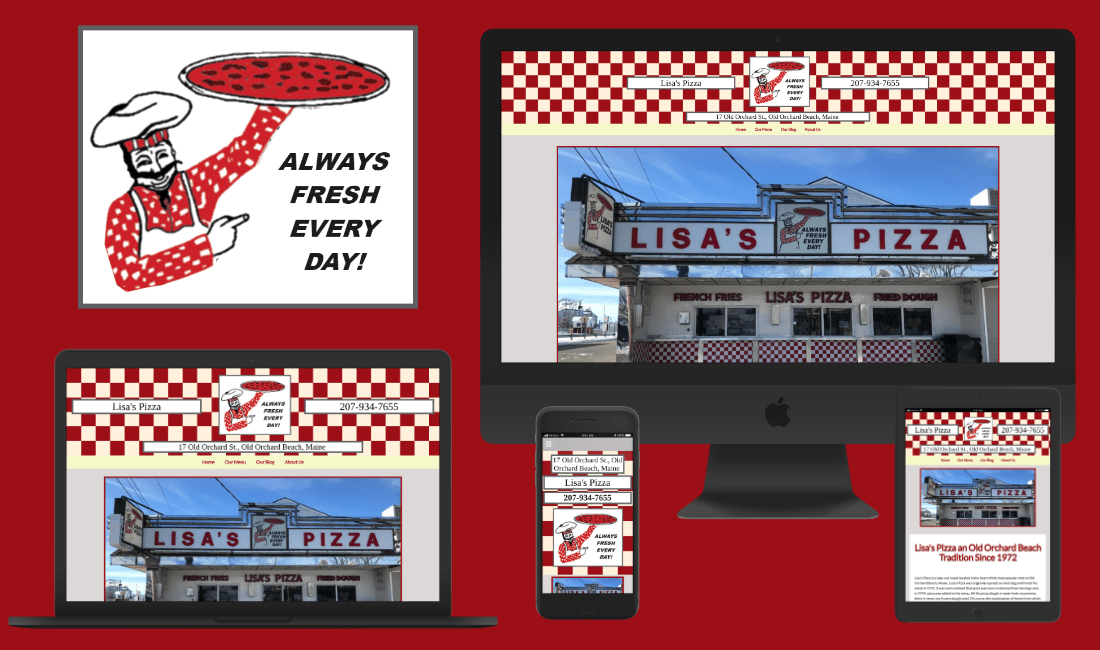 A website for lisa 's pizza is displayed on multiple devices