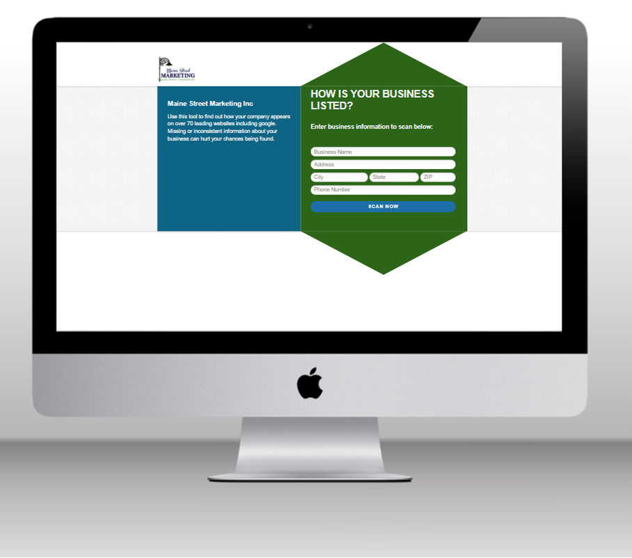 IMac displaying a green and blue website signup form on a white screen