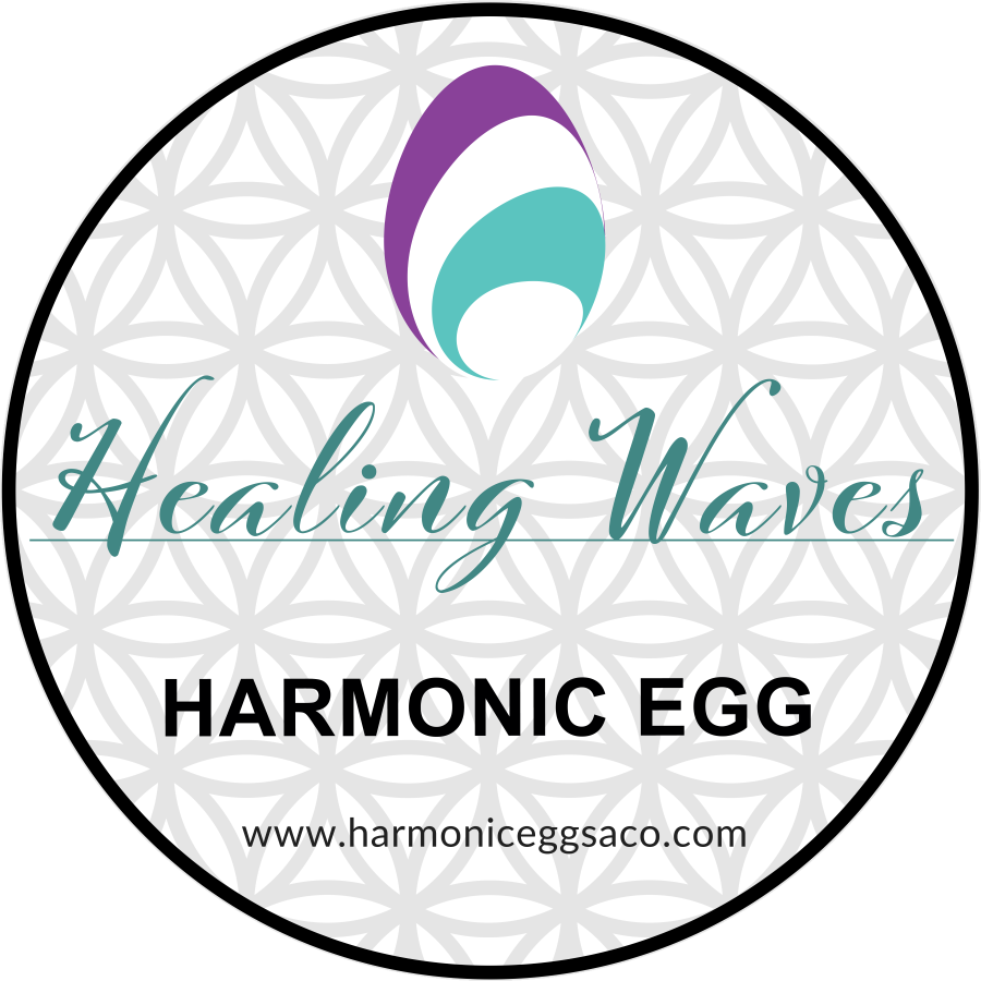 A logo for a company called healing waves harmonic egg.