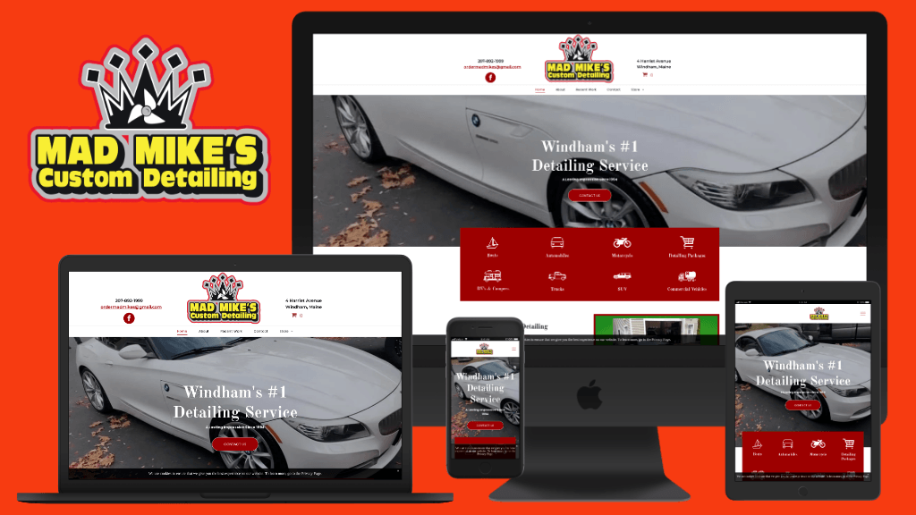 A website for mad mike 's custom detailing is displayed on a computer , laptop , and phone.