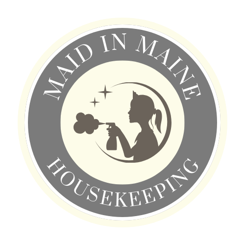The logo for maid in maine housekeeping shows a woman spraying a spray bottle.