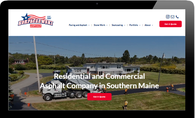 Homepage screenshot of an asphalt company website with a roadwork hero image and “Residential and Commercial Asphalt