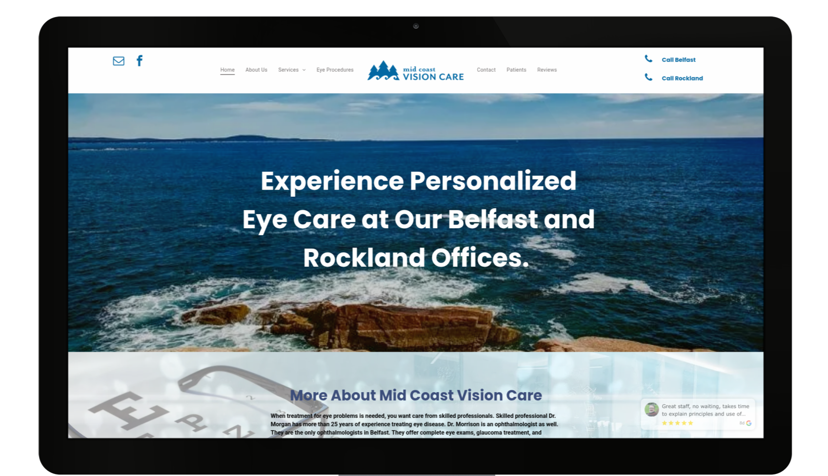 A computer screen shows a website for the mid coast vision care