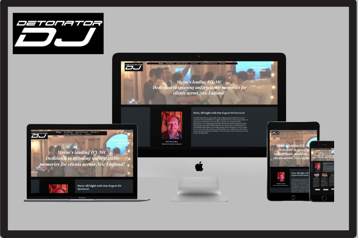 A detonator dj website is displayed on multiple devices