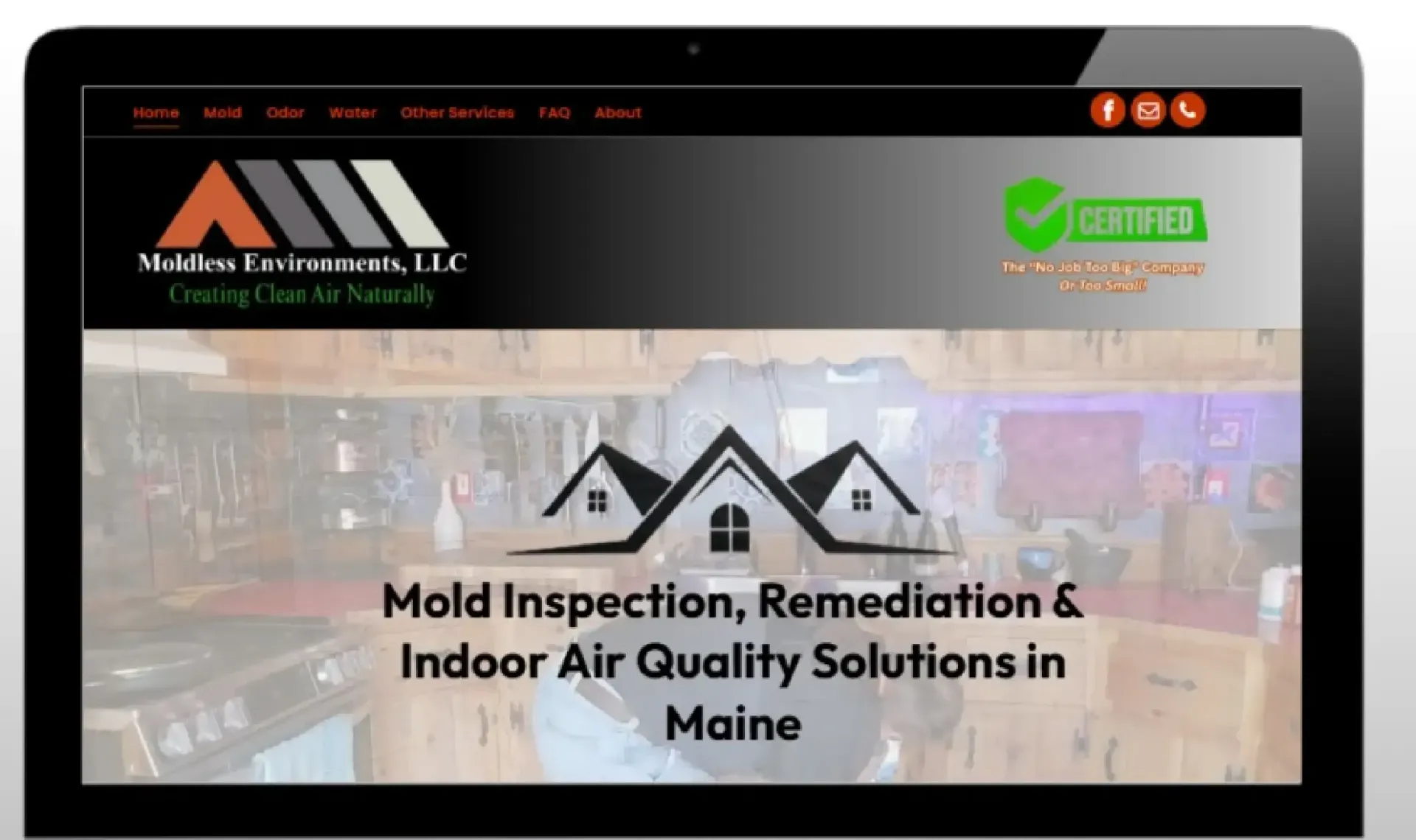 Website banner for Valley Environmental LLC promoting mold inspection and indoor air quality services in Maine