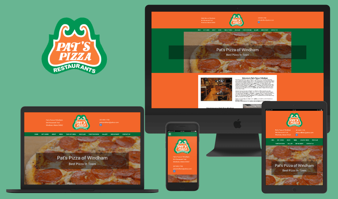 A website for pat 's pizza is displayed on a computer , tablet , and phone.