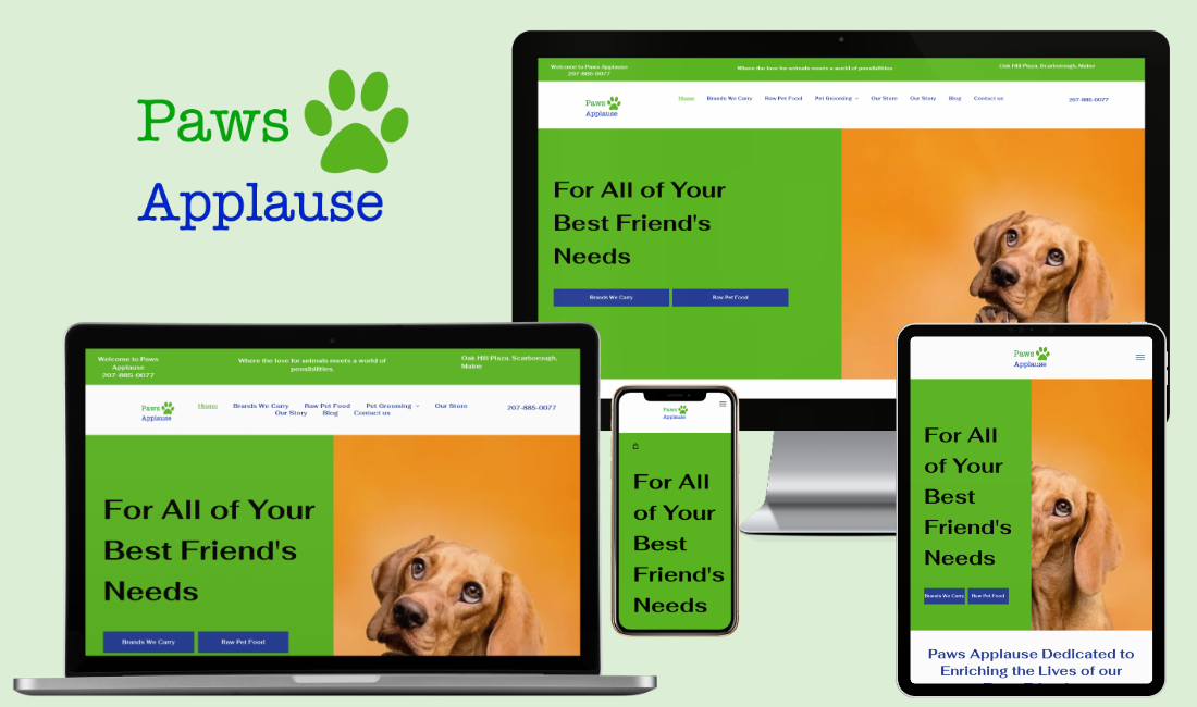 A website for paws applause is displayed on a laptop , tablet , and phone.