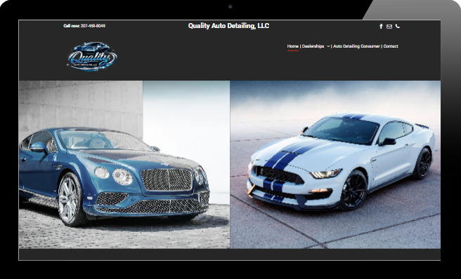 Two blue sports cars displayed side by side on a website homepage for an auto detailing business