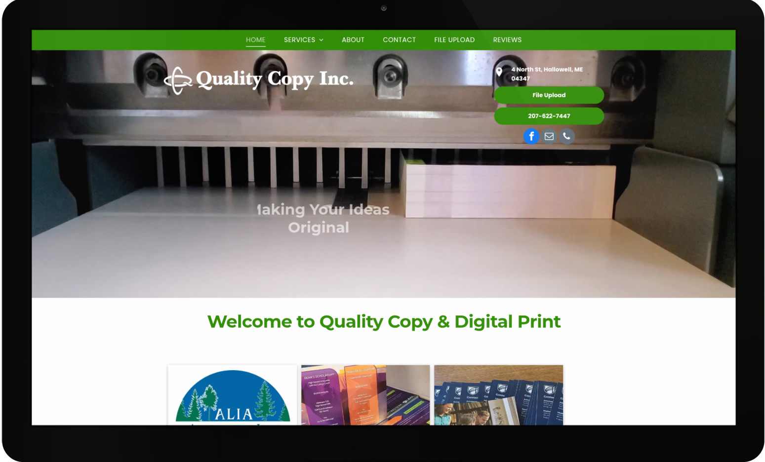 A computer screen shows a website for quality copy and digital print