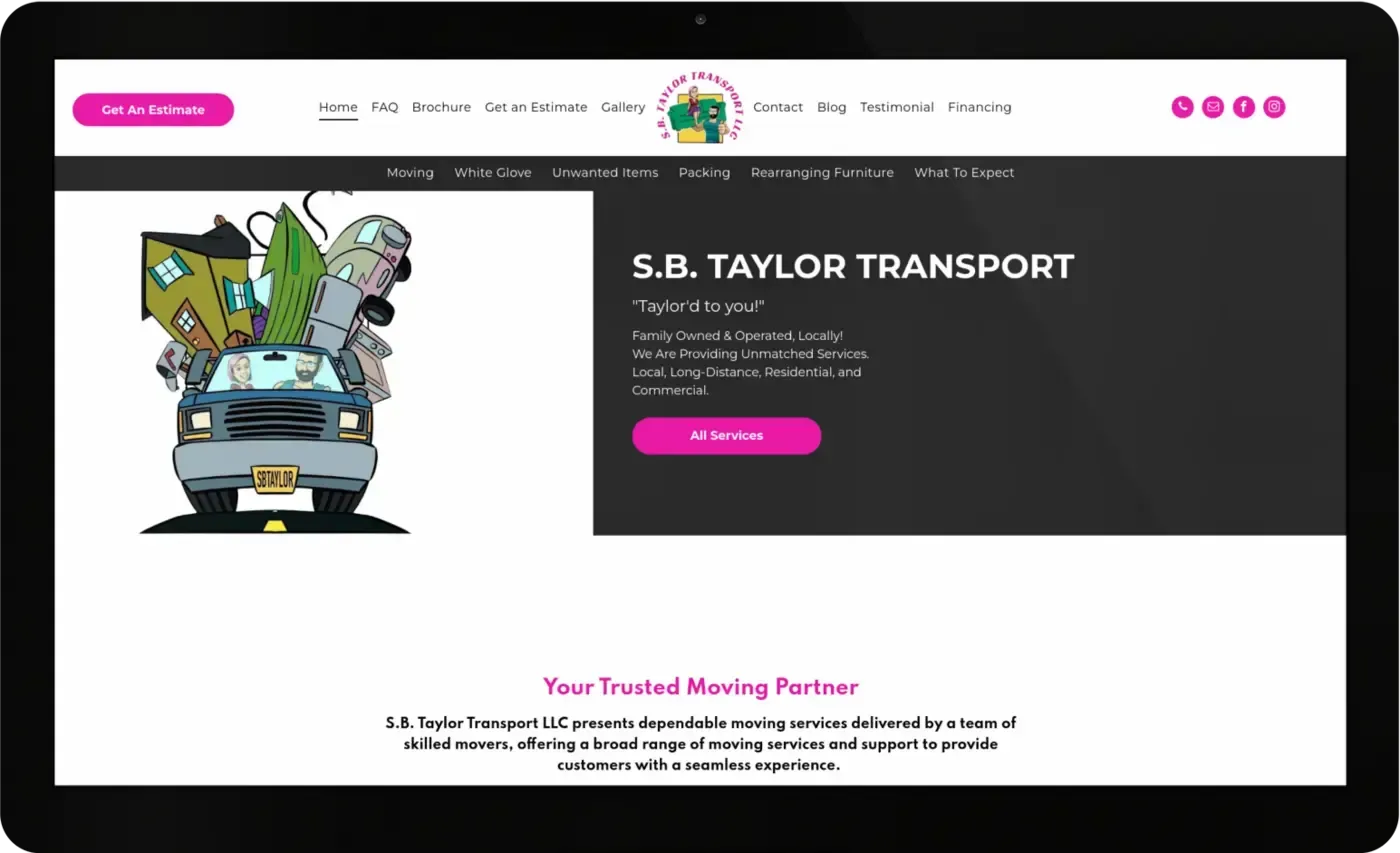 A computer screen shows a website for s.b. taylor transport.