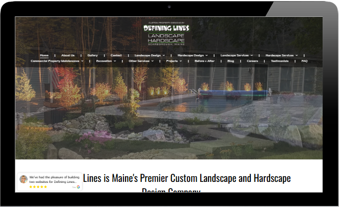 Website homepage for “Lines,” a custom landscape and hardscape company, with a garden patio hero image