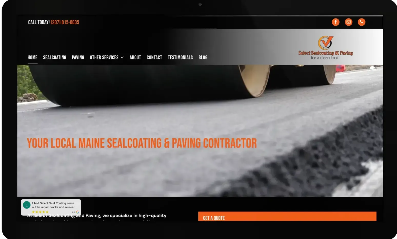 Website for Sealcoat & Paving contractor, showing a roller compacting asphalt.