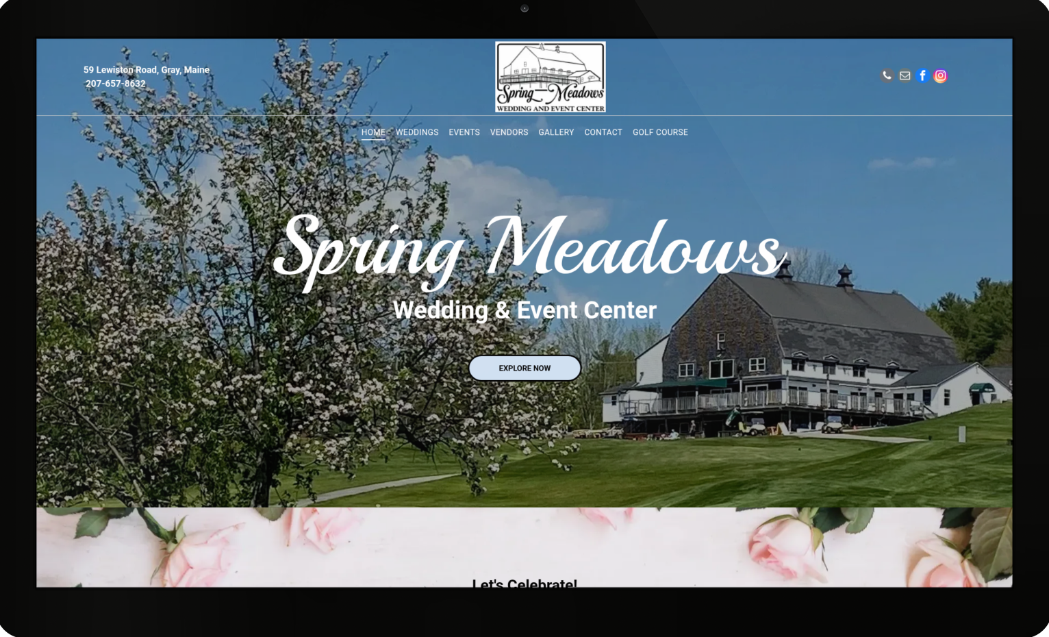 A computer screen shows the website for spring meadows wedding and event center
