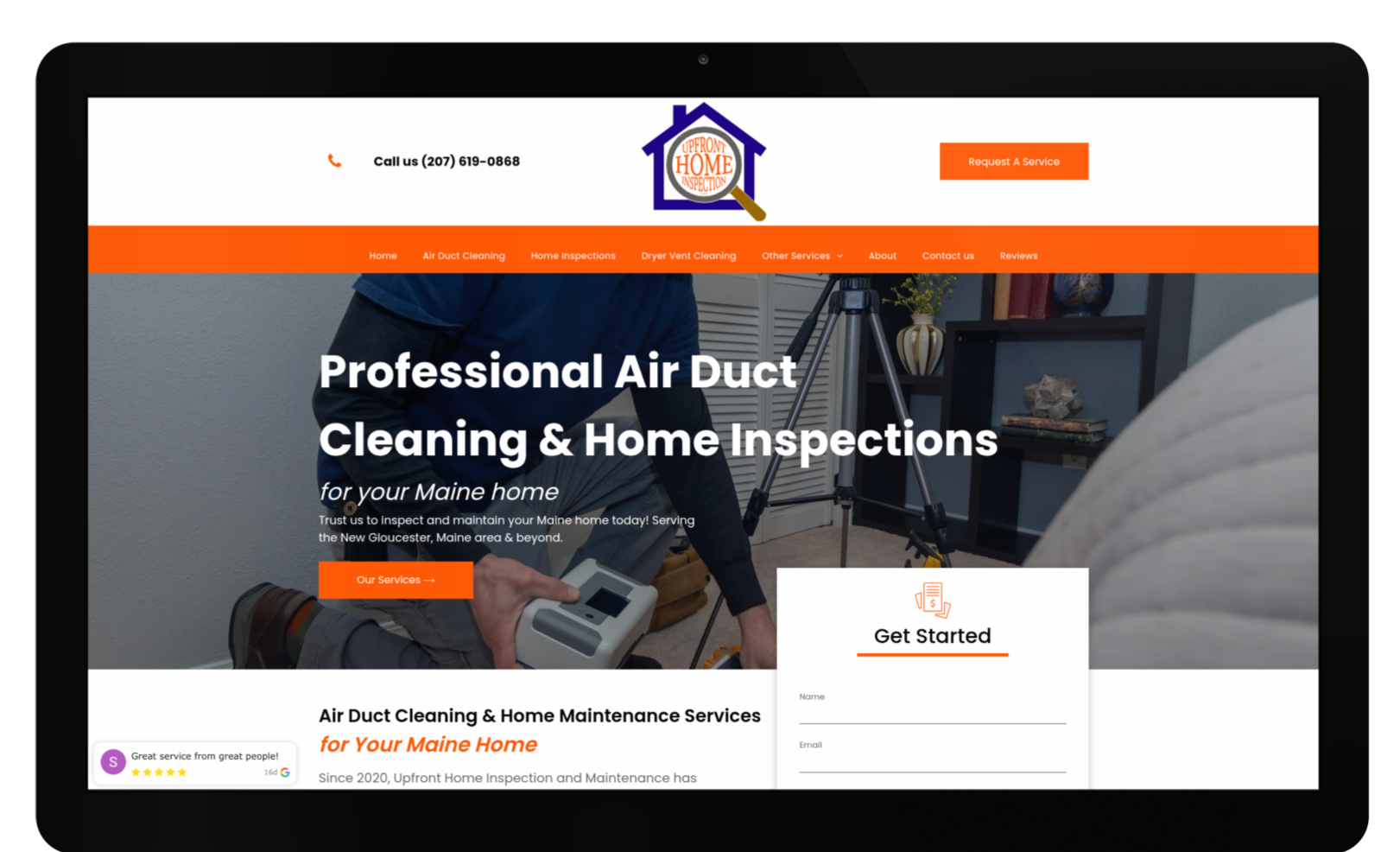 Website homepage promoting air duct cleaning and home inspections.