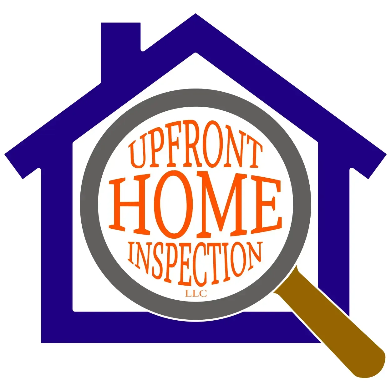 Logo: Blue house outline with magnifying glass over text