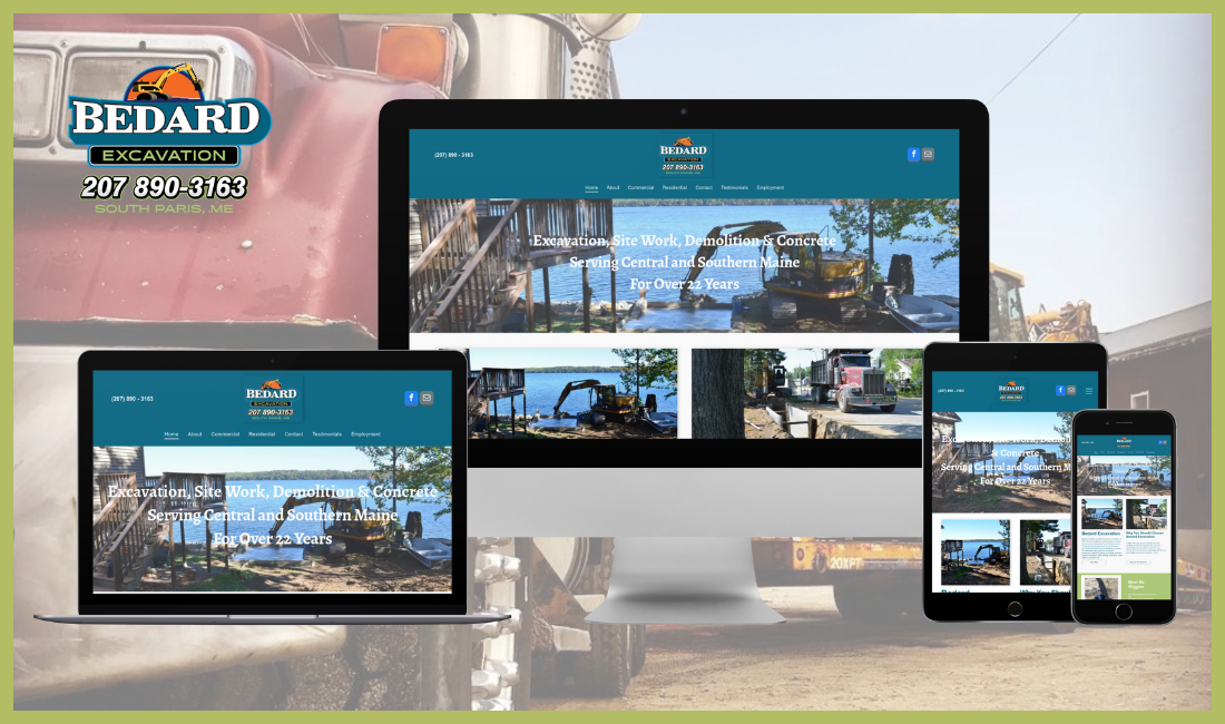 A computer , laptop , tablet , and cell phone displaying a website for a construction company.