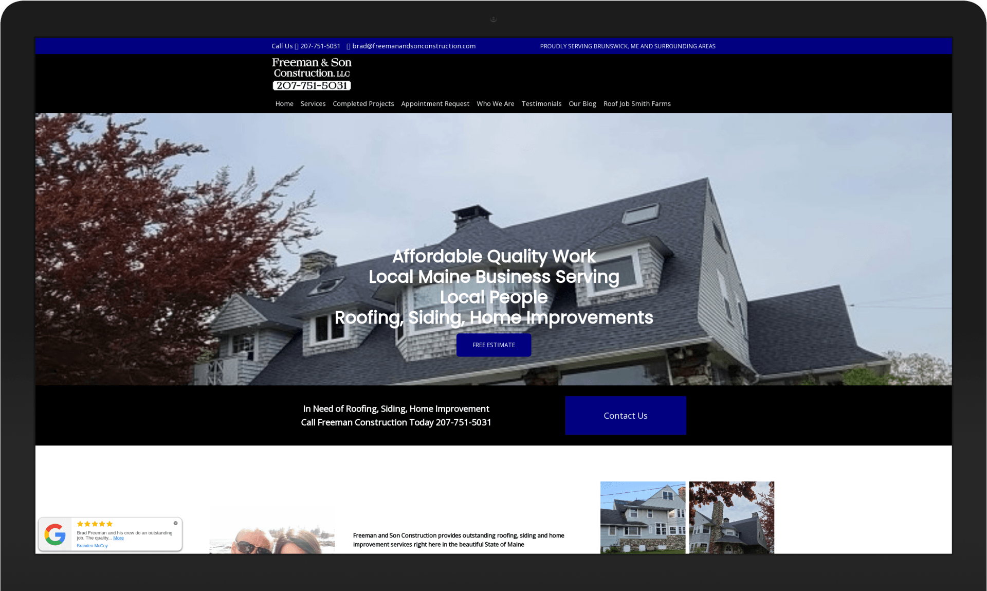 A computer screen shows a website for a roofing company.