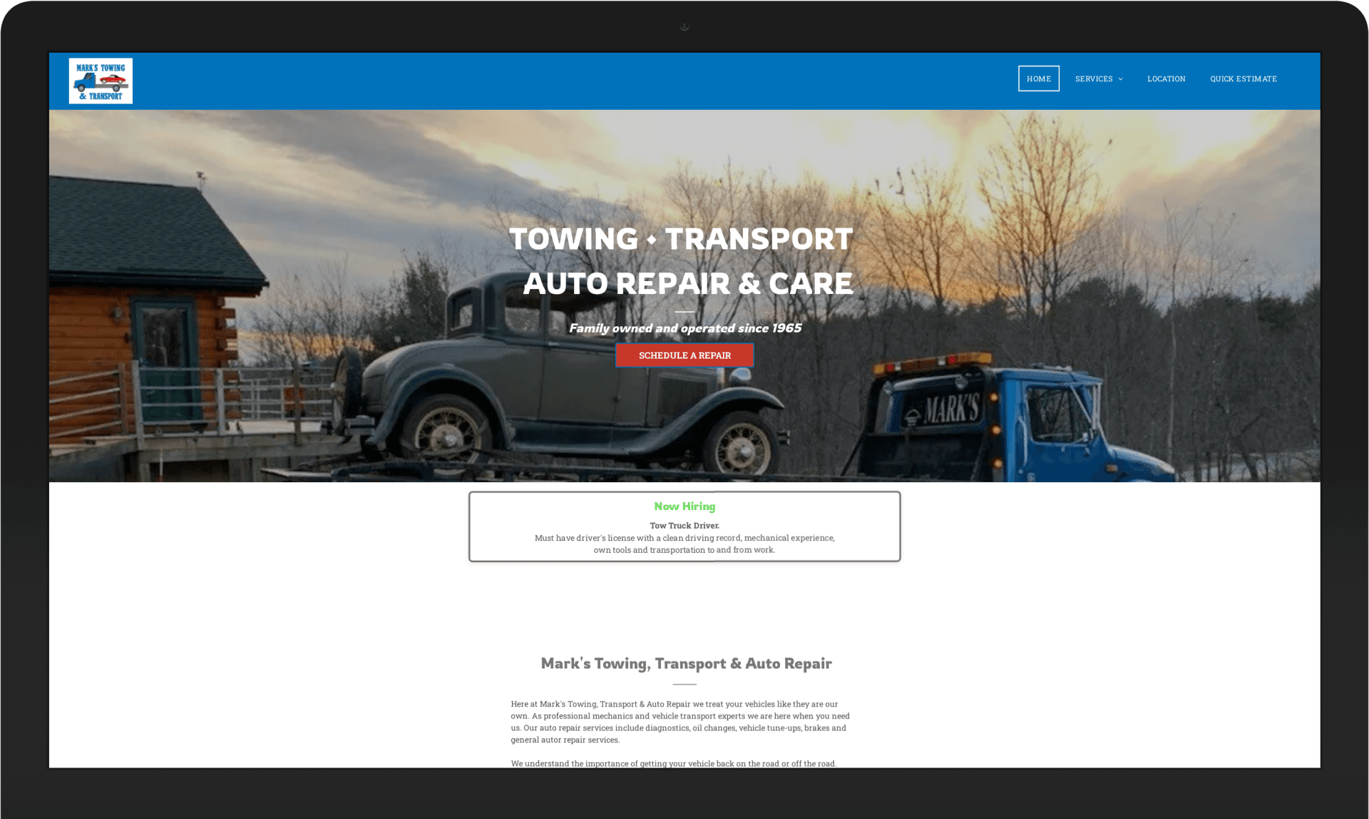 A screenshot of a website for towing and transport auto repair and care.