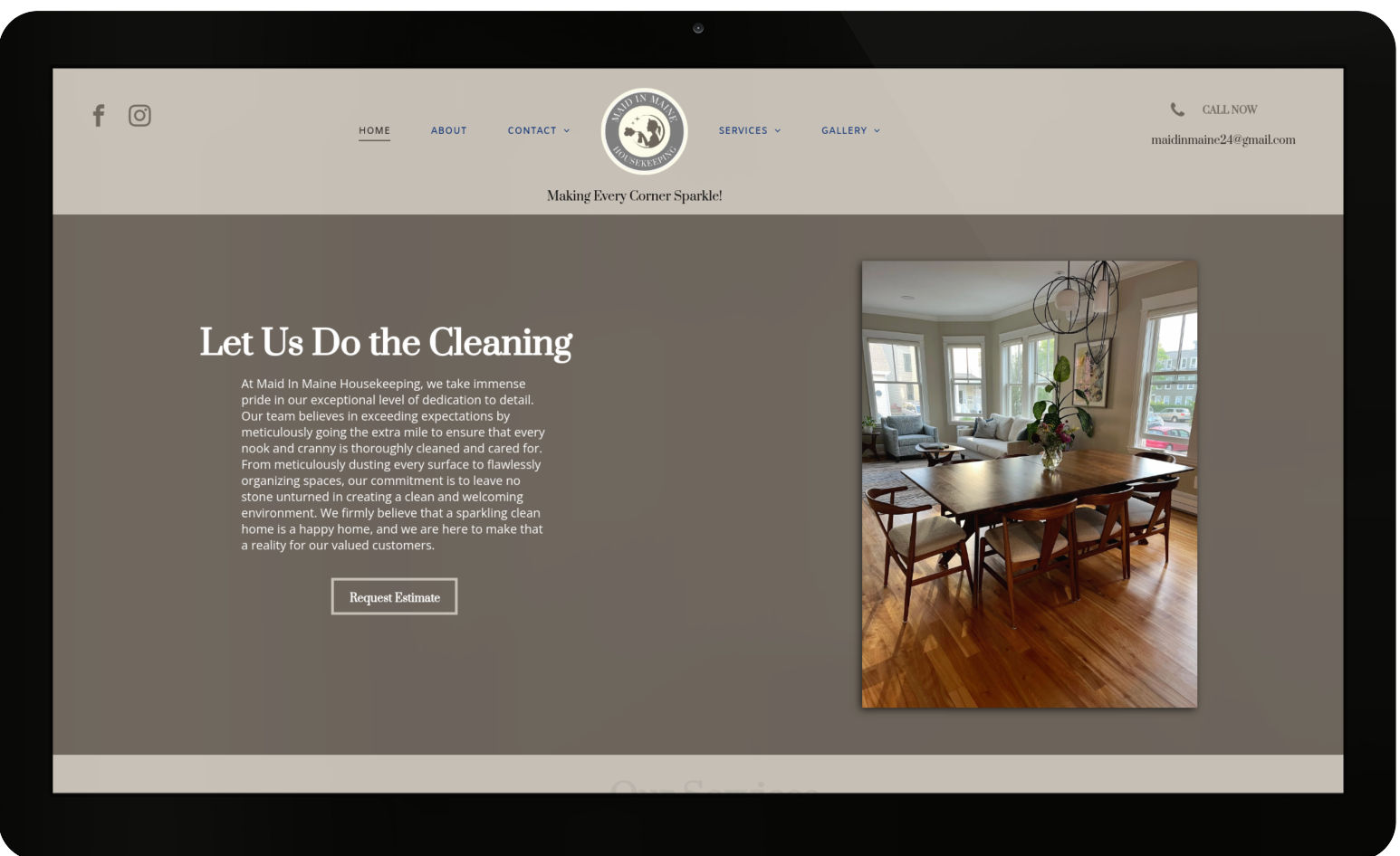 A tablet screen shows a dining room with a wooden table and chairs.