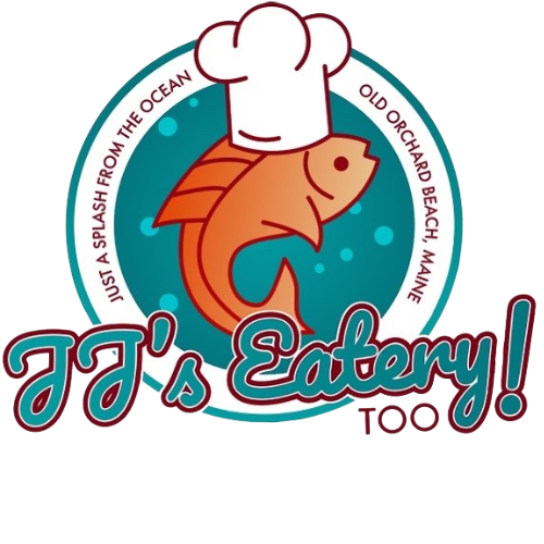 A logo for jj 's eatery too with a fish and a chef 's hat
