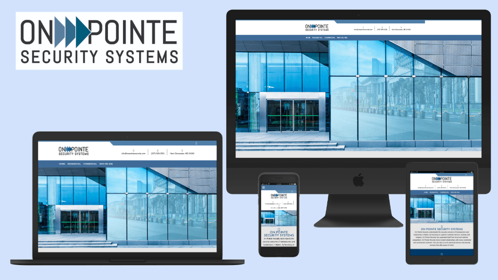 A computer monitor , laptop , cell phone and tablet showing a website for on pointe security systems
