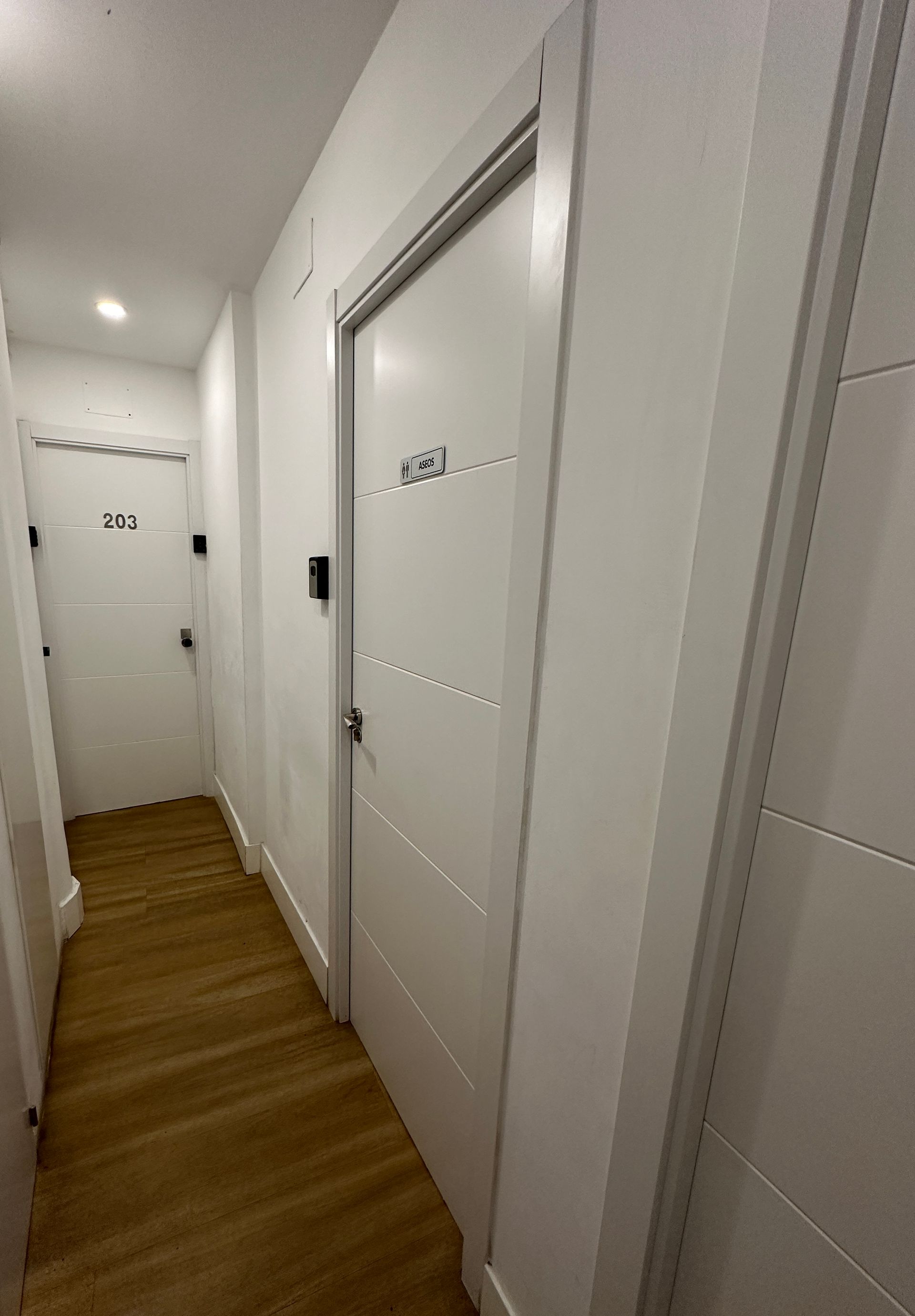 Un pasillo largo con una puerta blanca y piso de madera.