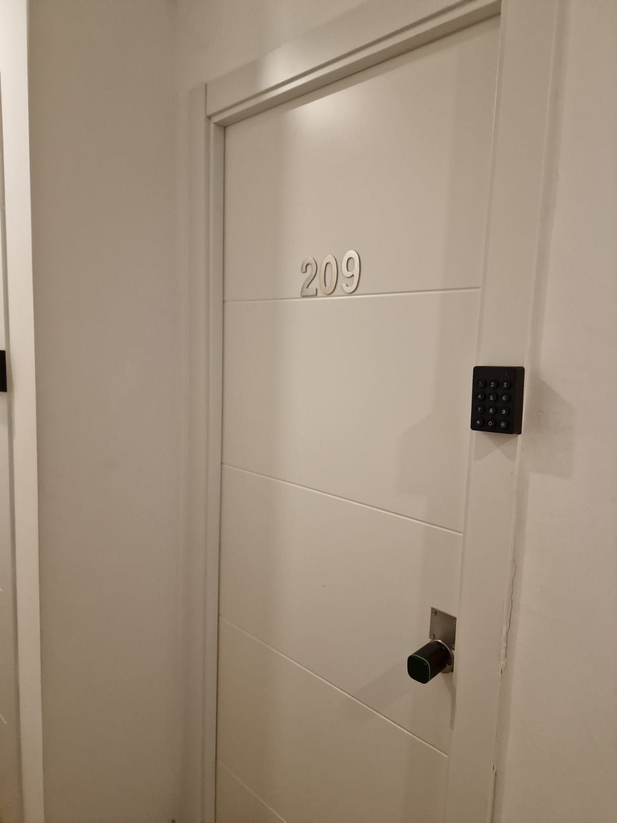 Una puerta blanca con el número 209 está en un pasillo.