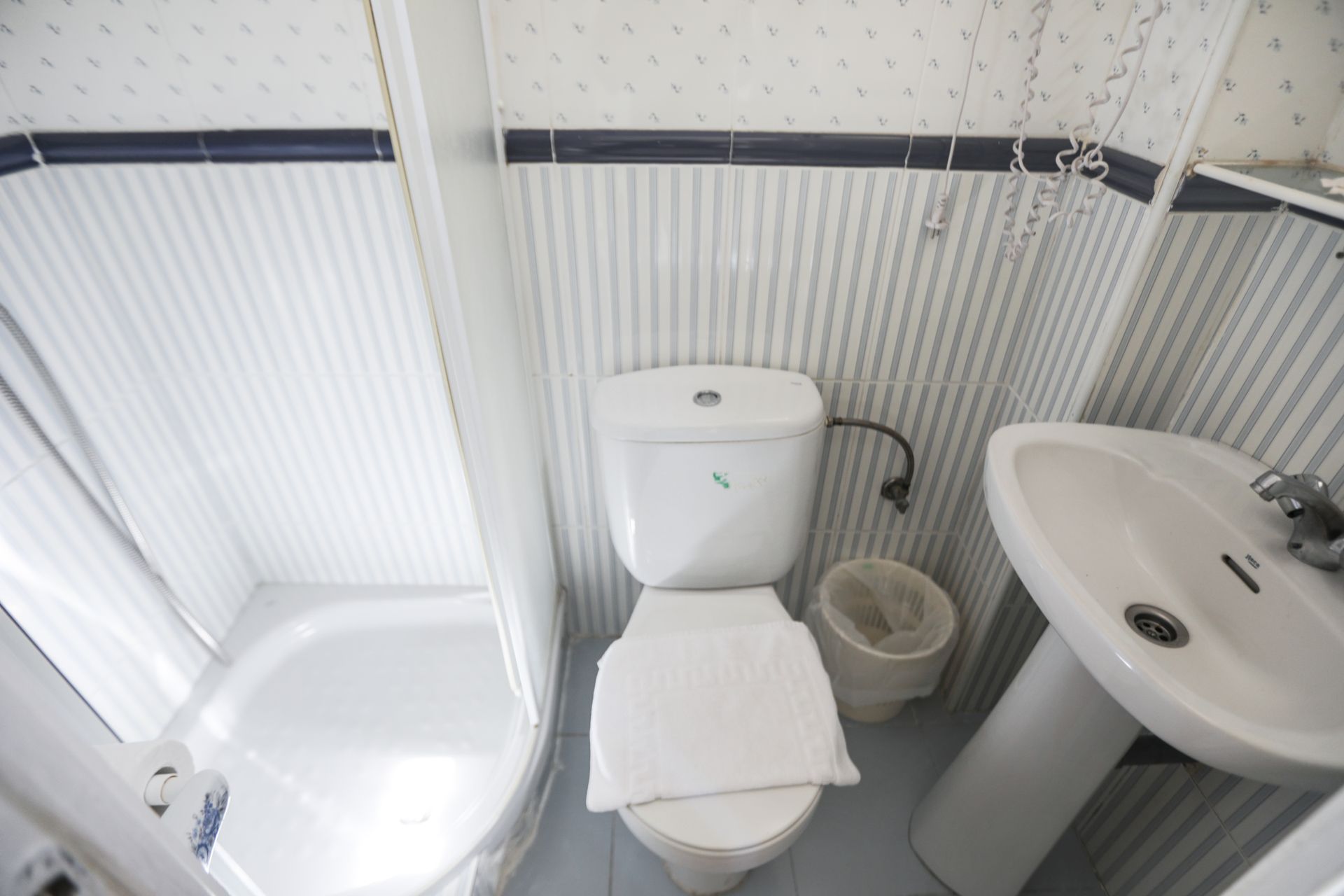 Un baño con inodoro, lavabo y ducha.