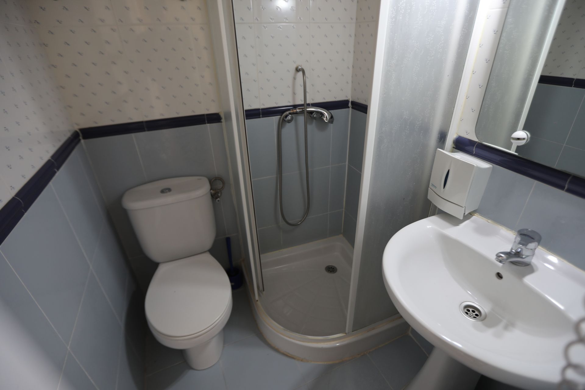 Un baño con inodoro, lavabo y ducha.