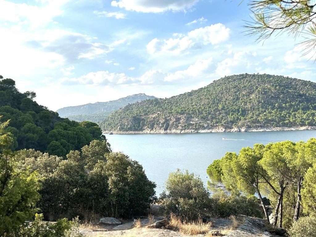 Un gran cuerpo de agua rodeado de árboles y montañas.