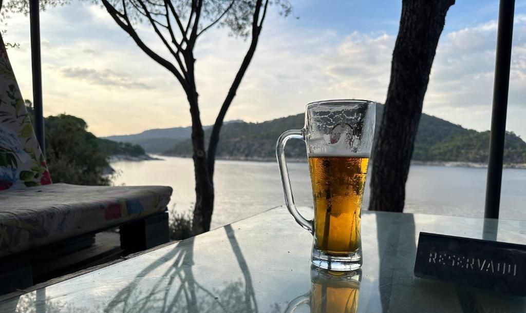 Un vaso de cerveza está sobre una mesa con vista a un lago.