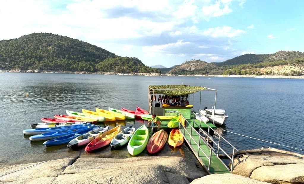 Un montón de kayaks están alineados en la orilla de un lago