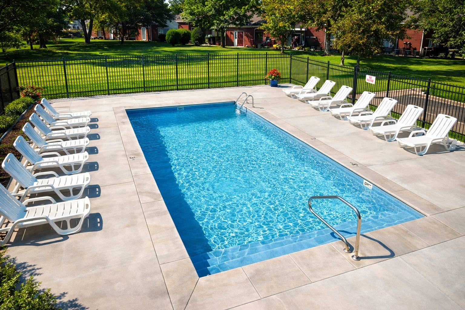 A rectangular outdoor swimming pool with blue water and rows of white lounge chairs on a concrete deck.