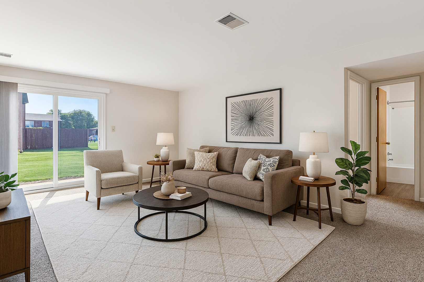 A bright living room with a neutral-toned sofa, an armchair, a round coffee table, and a sliding door leading outside.