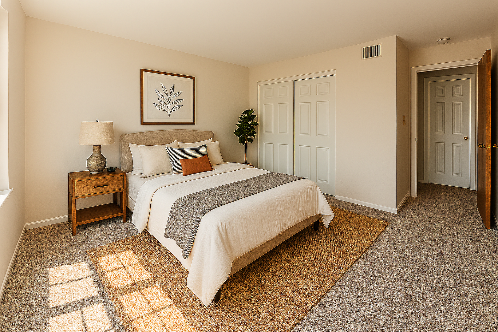 A bedroom featuring a bed with a white comforter, a wood nightstand, a framed wall art piece, and carpeted flooring.