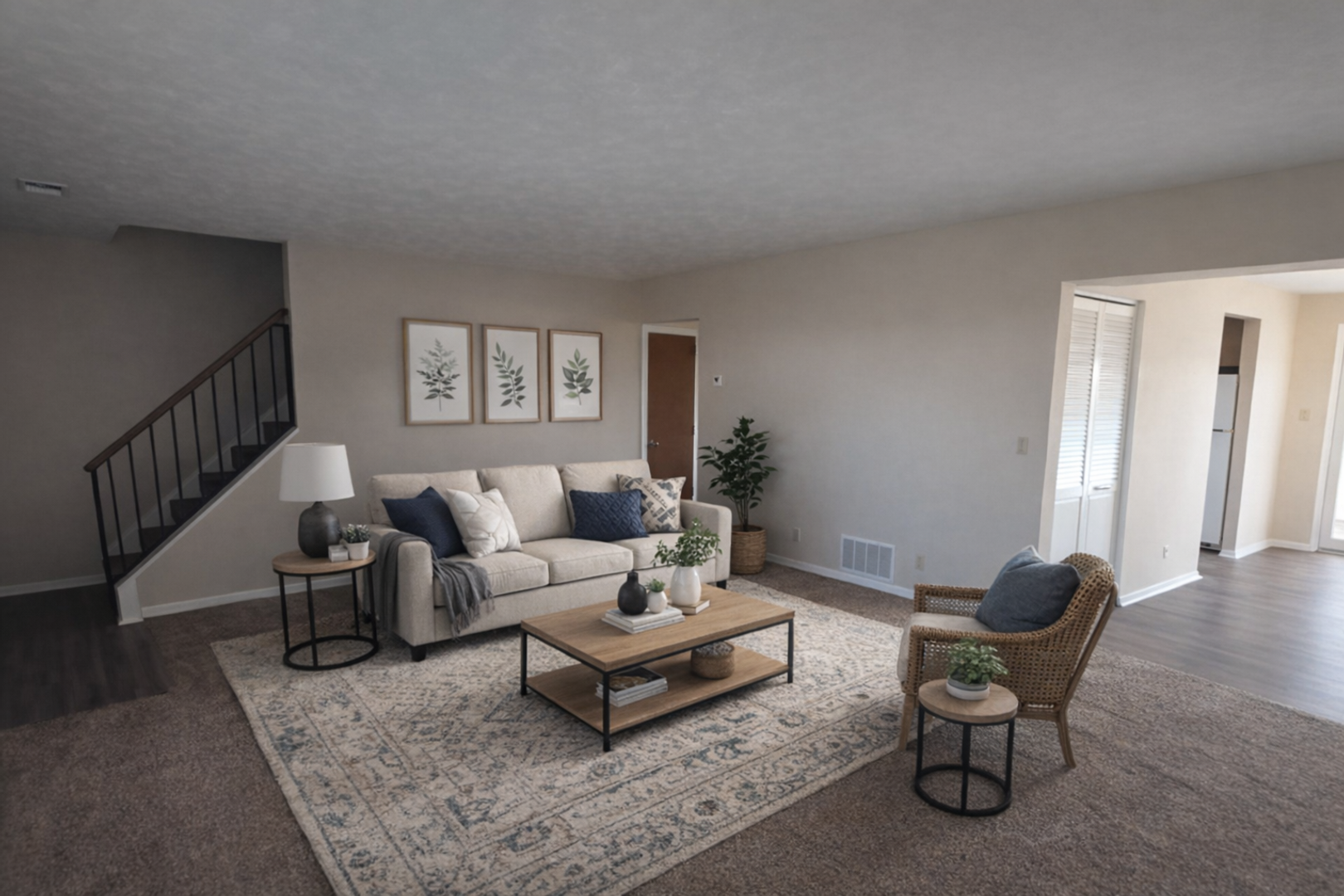 A bright, neutral-toned living room features a beige sofa, patterned rug, wooden coffee table, and an accent chair.