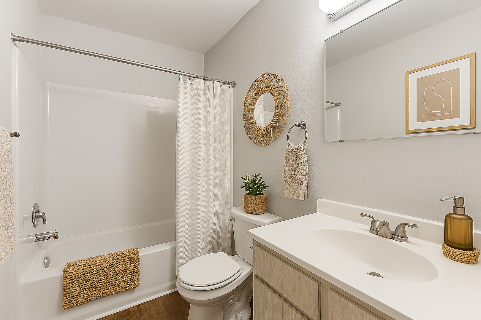 A neutral-toned bathroom featuring a white bathtub with a textured beige mat, a toilet, and a vanity with a light wood base.