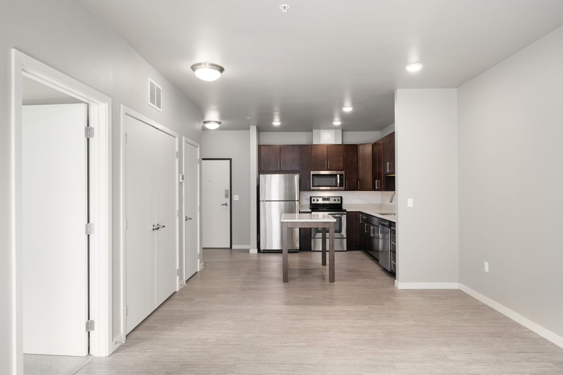 Open-concept kitchen and living area in apartment. Features stainless steel appliances, dark cabinets, light gray walls, and white doors.