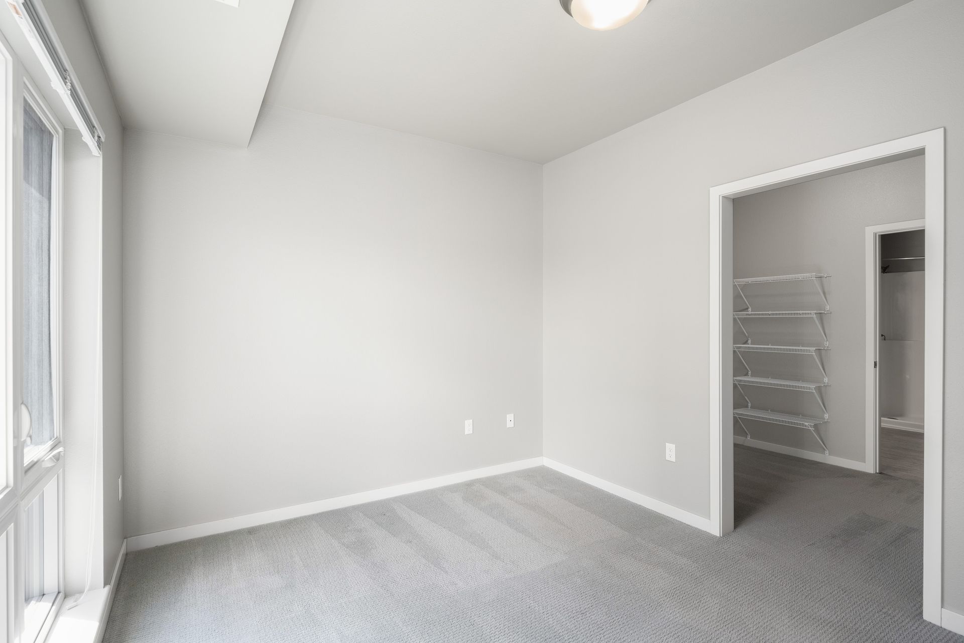 Empty bedroom with gray walls, carpet, and a walk-in closet.