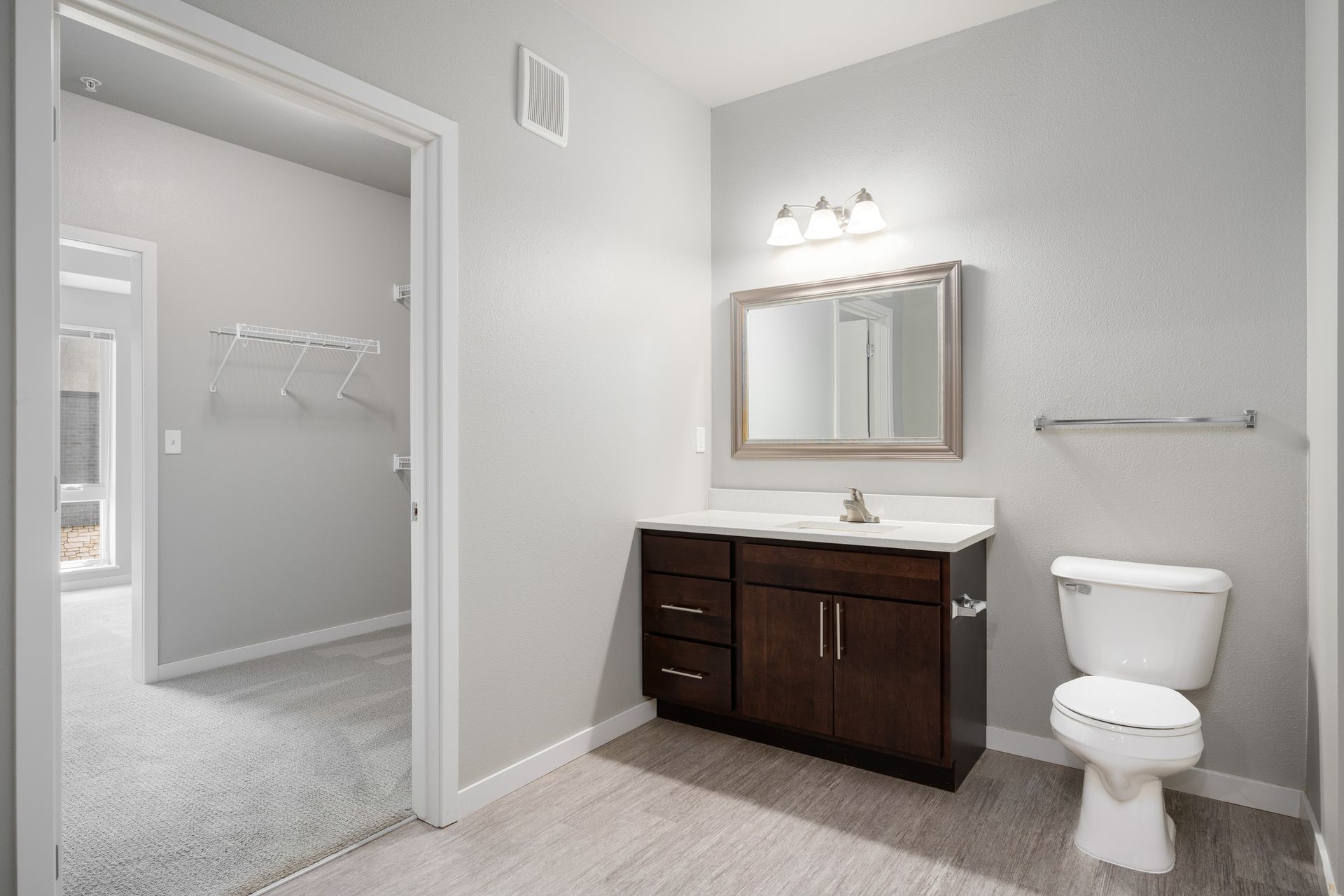 Bathroom with gray walls, dark brown vanity, white toilet, and open doorway to a closet.